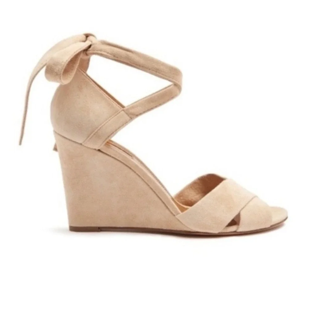 Aquazzura Tarzan Beige Suede Ankle Tie Wedge Sandals Size 8 8.5 38.5 Italy